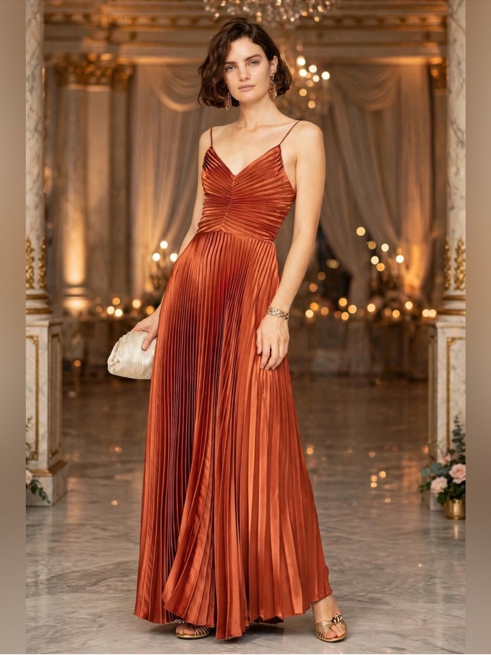 Delfi Collective Rust/Copper Pleated Satin Spaghetti-Strap Formal Dress